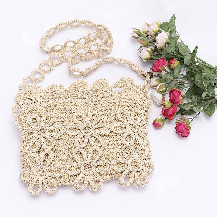 3AM BY H&D ACCESSORIES - Wholesale Crossbody Bag - Women's - Faux Straw Handmade Flower Crossbody Bag