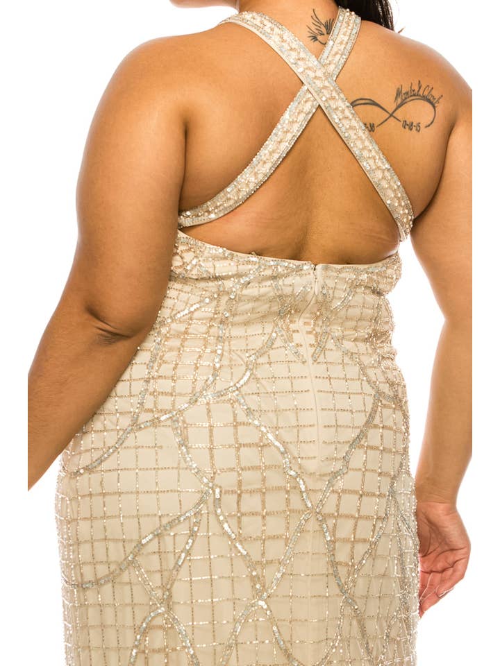 CHAMPAGNE Aidan Mattox Crisscross Back Beaded Evening Gown for wholesale on Faire3