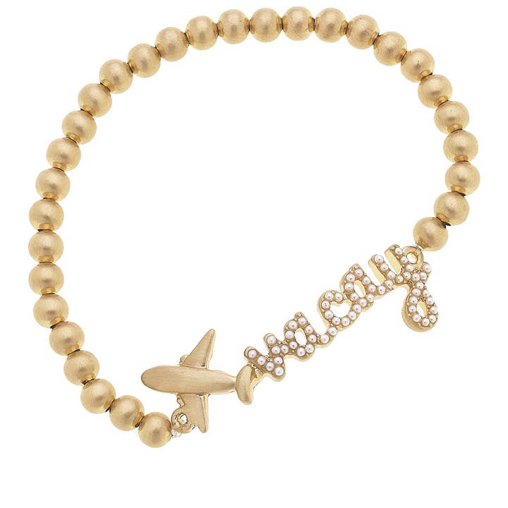 Canvas Style - Wholesale Beaded Bracelet - Jet Setter Pearl-Studded "Vacay" Stretch Bracelet Shiny Gold