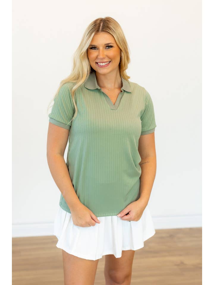 Rib Knit Polo Top, Sage Green for wholesale on Faire