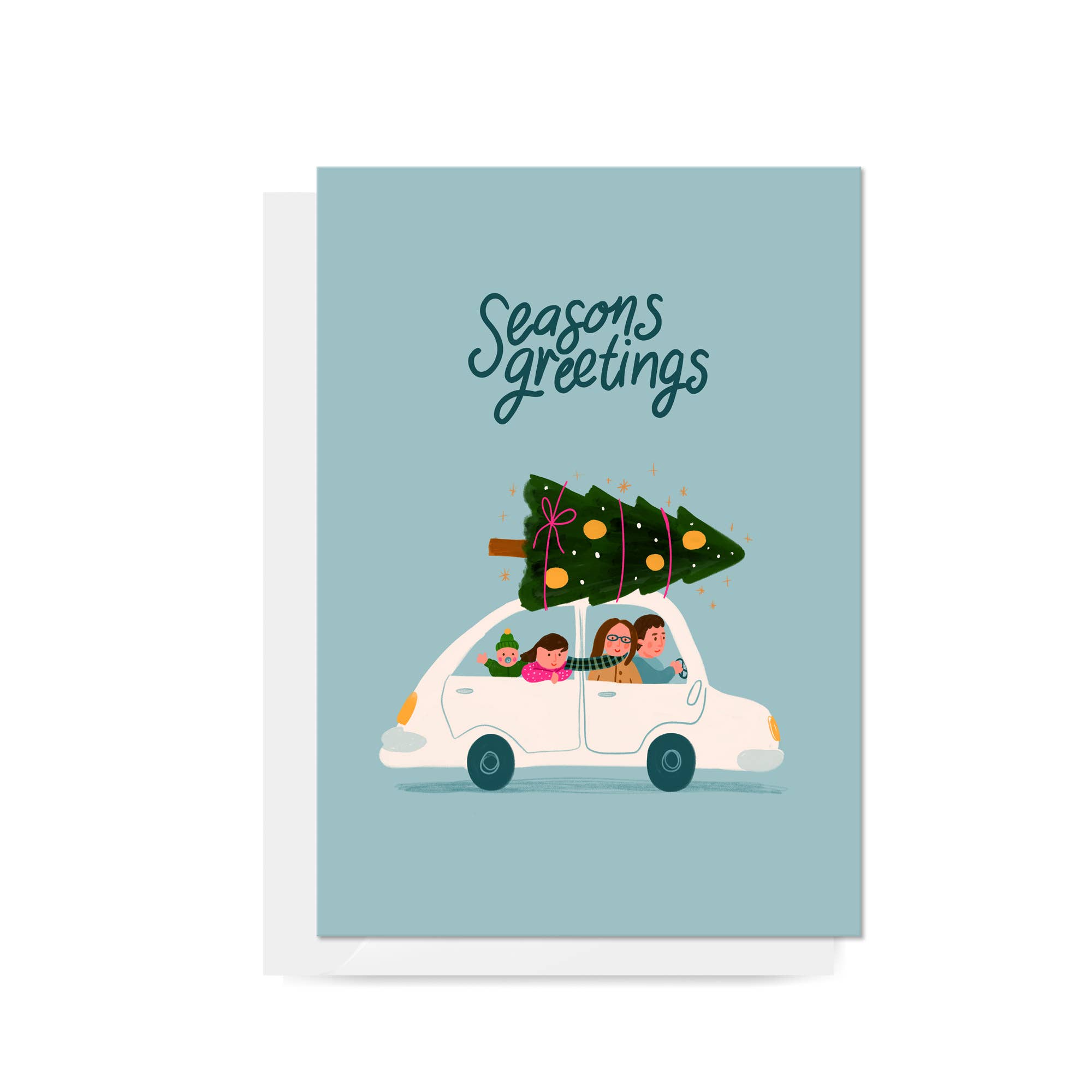 Carla Ellis Creative - Wholesale Christmas card - Family Car & Xmas Tree - "Seasons Greetings" Greeting Card0