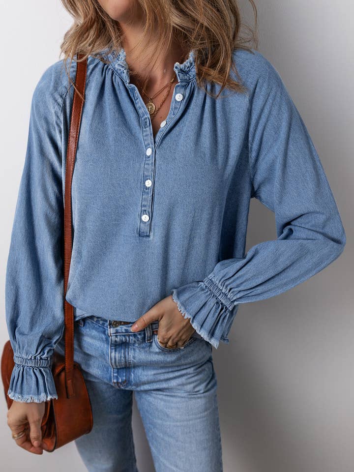 Sky Blue Natasha Buttoned Denim Top for wholesale on Faire