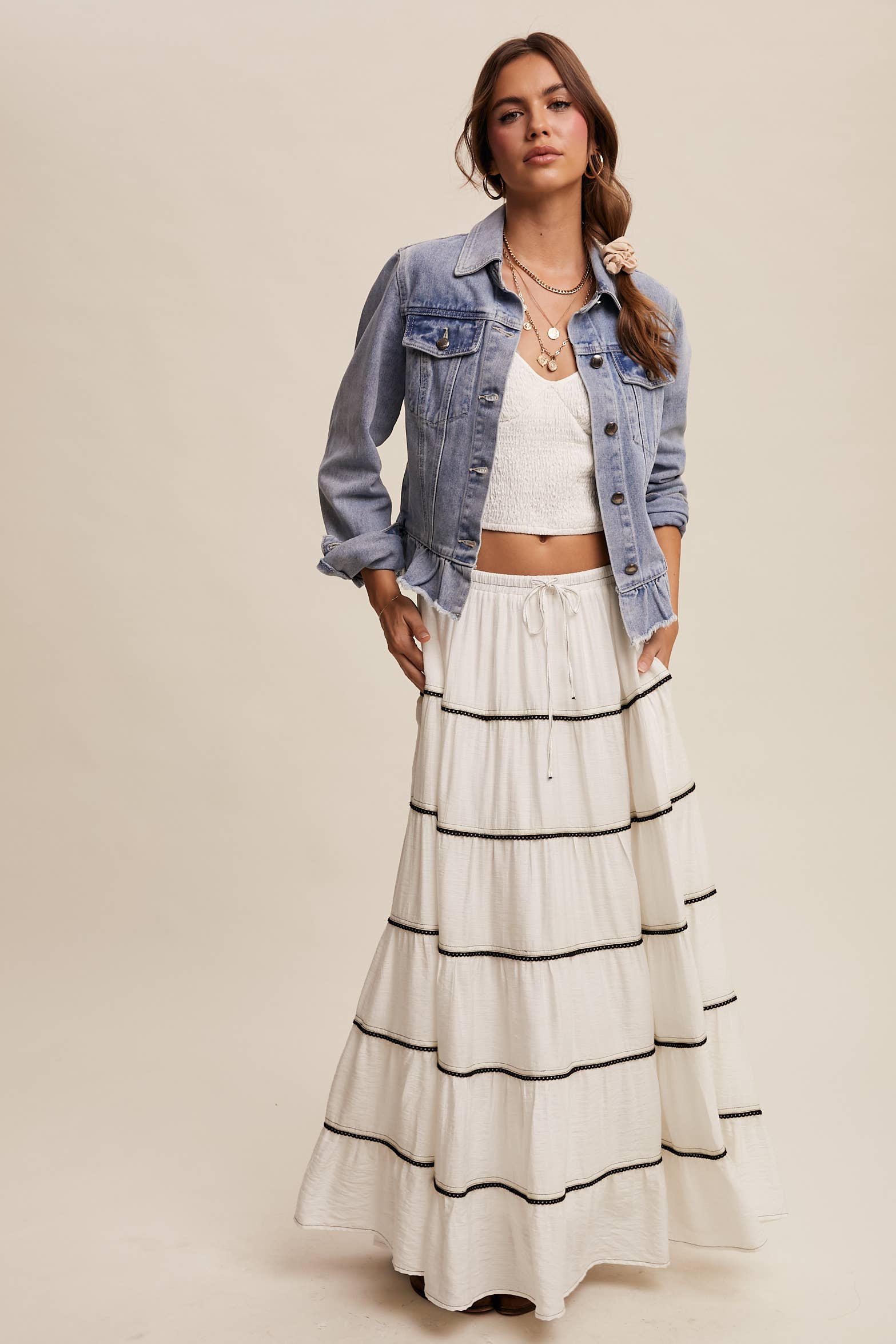 Listicle - Wholesale Denim Jacket - Women's - Ruffled Hem Denim Jacket LJ023614