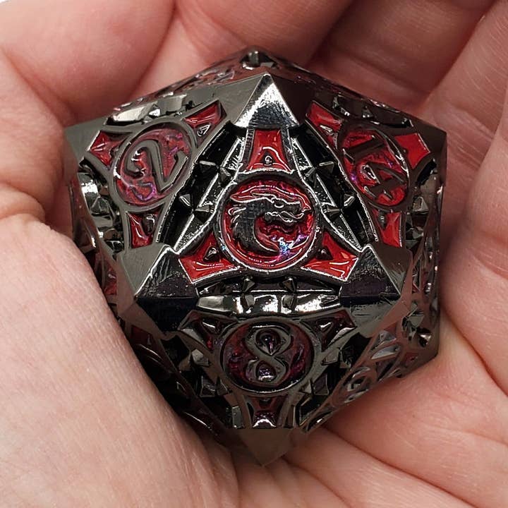 Metal 40mm D20 - Gnome Forged - Black Nickel w/ Red for wholesale by Old School Dice