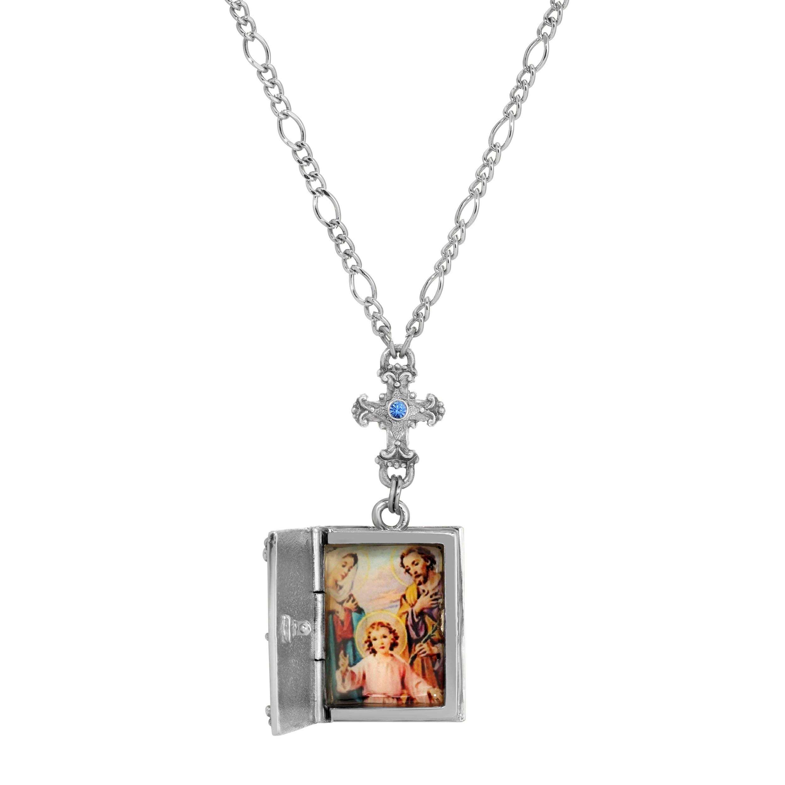 Light Blue Symbols Of Faith Sapphire Crystal Cross & Holy Bible Pendant Locket Holy Family Necklace 28" for wholesale on Faire1