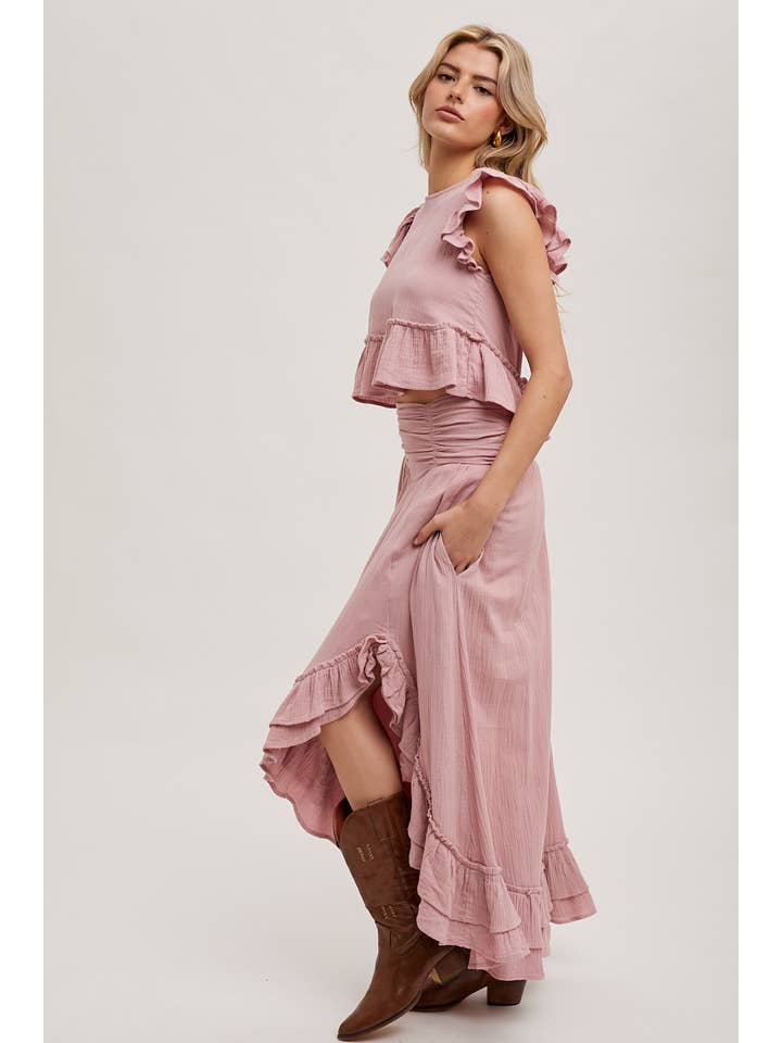 Bluivy – Großhandel Set aus Oberteil und Rock – Damen – MINIROCK-SET MIT CROP TOP UND SEITENSCHLITZ MIT RÜSCHENBESATZ13