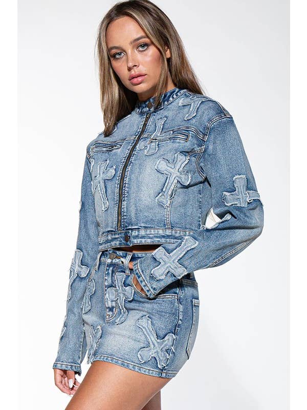 Medium Wash Cross Patch Zip Up Denim Jean Moto Jacket for wholesale on Faire