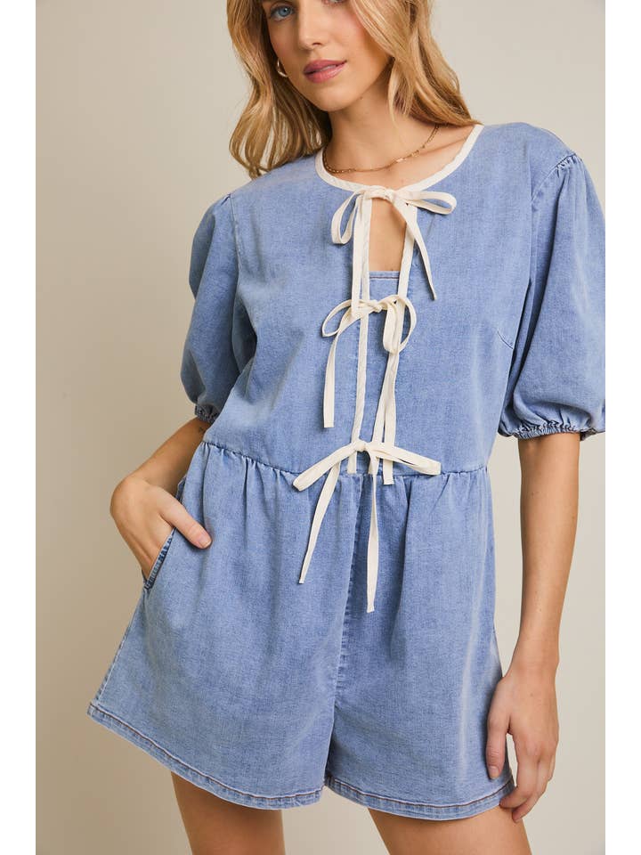 FRONT TIE PUFF HALF SLEEVE DENIM ROMPER for wholesale on Faire