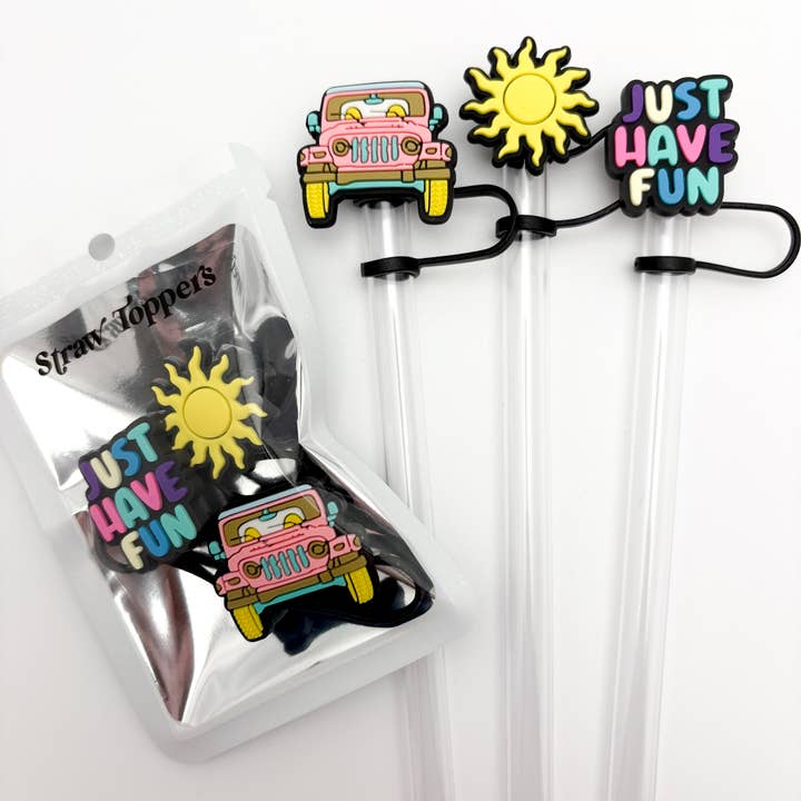 Vroom Blooms - Venta al por mayor Pajitas para beber - Juego de 3 tapas para pajitas - Jeep Rosa, Sol, Solo Diviértete