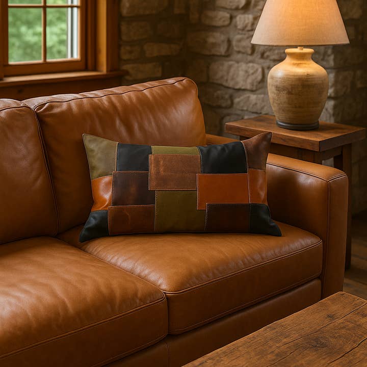 Glamthread - Wholesale Lumbar pillow - Handmade Earth-Toned Leather Lumbar Cushion Cover - Rustic Patchwork Pillow3