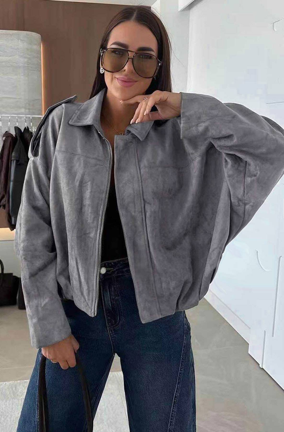 Grey Anika Oversized Suede Bomber JacketâGrey for wholesale on Faire