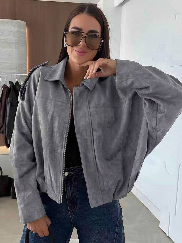 Grey Anika Oversized Suede Bomber JacketâGrey for wholesale on Faire0