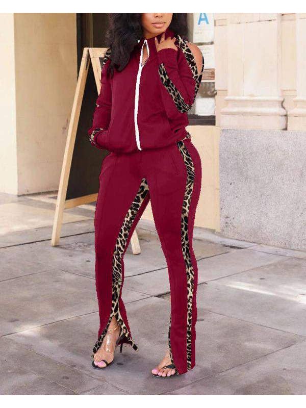 Queen Fashion - Wholesale Top & Skirt Set - Women's - patch long sleeve zip up top split hem pants set