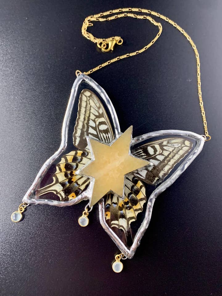 Butterfly Taxidermy Pendant Necklace with Gemstone for wholesale by Outsider Artshop