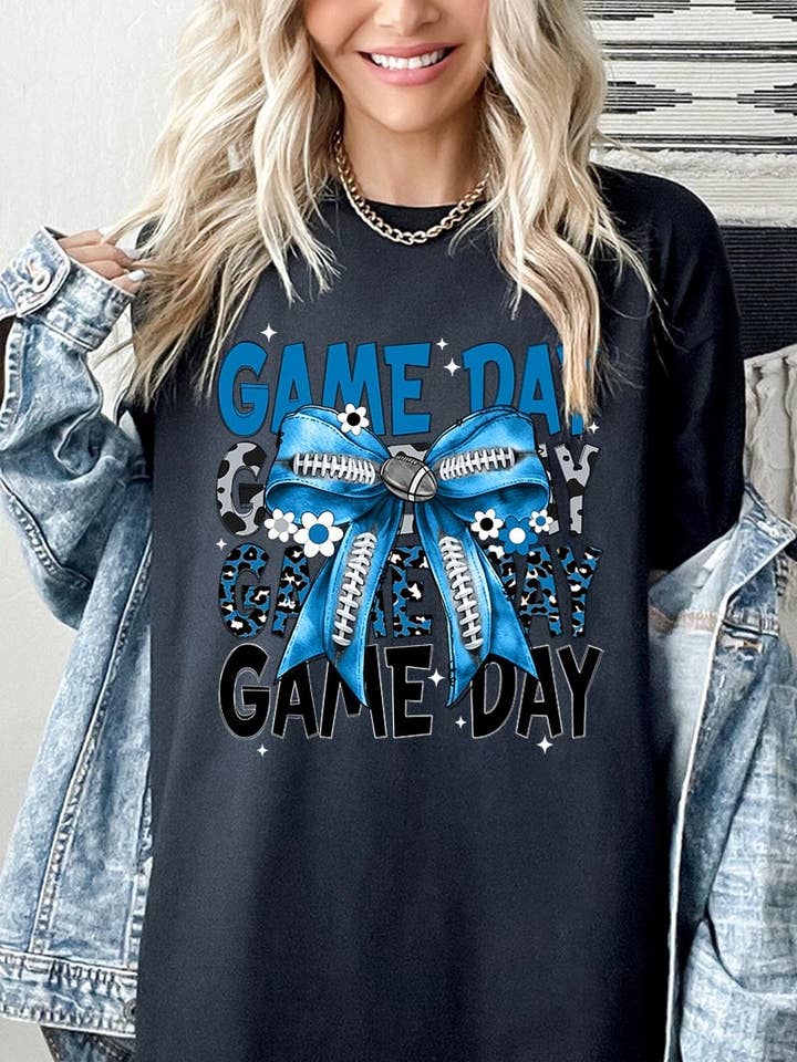 Blue Silver Football Game Day Bow Heavy Cotton Tee for wholesale by COLORBEAR