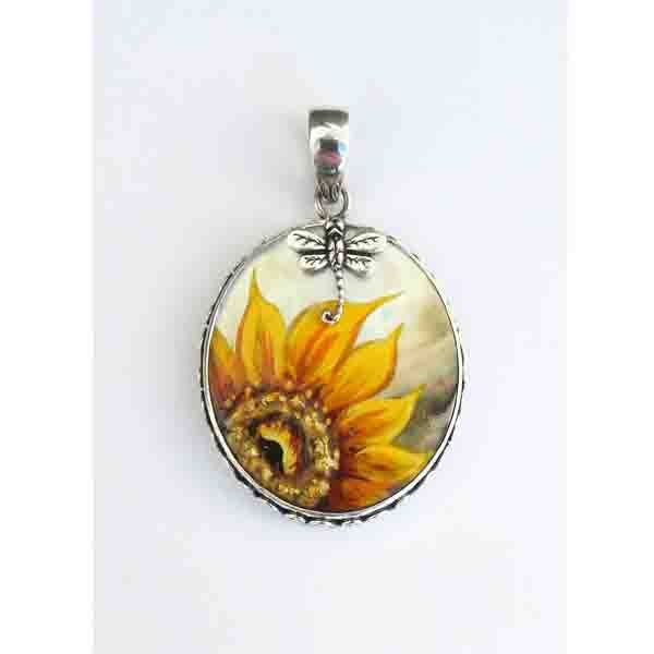 Round Hand-Painted Sunflower Pendant for wholesale by Anna King Designs