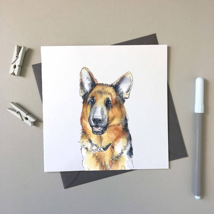 Schæferhund Yogi - Top Dog håndtegnet lykønskningskort for engroshandel hos SJ. Vickery Designs Ltd.