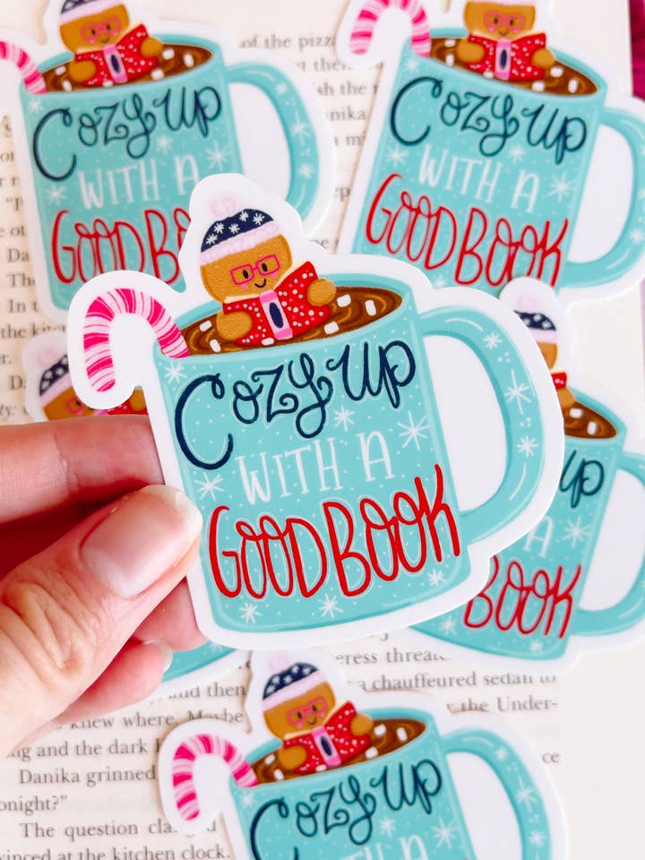 Cozy Up with a Good Book Hot Cocoa Christmas Vinyl Sticker for wholesale by Emily Cromwell Designs