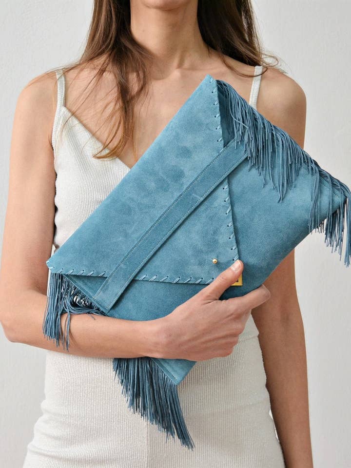 Medusa large clutch in jeans with silk fringes for wholesale by ANA KOUTSI