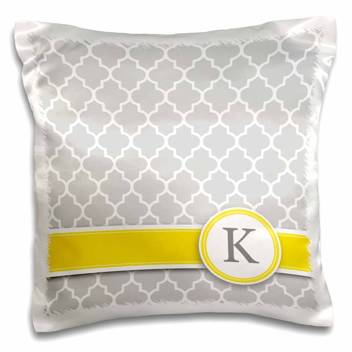 3dRose, Tu inicial personal letra K - patrón de cuatro hojas gris monogramado - personalizado amarillo gris, Funda de almohada para venta al por mayor de 3dRose