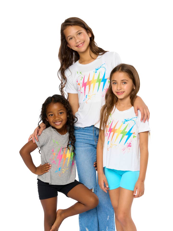 Malibu Sugar - Wholesale Shirt - Kids - Girls 8-14 SS Top w/ Lightning Bolt & Scatter Paint Screen
