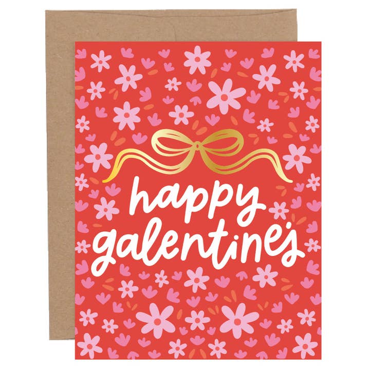 Happy Galentine's Bow & Flowers Valentine's Greeting Card for wholesale by Pippi Post