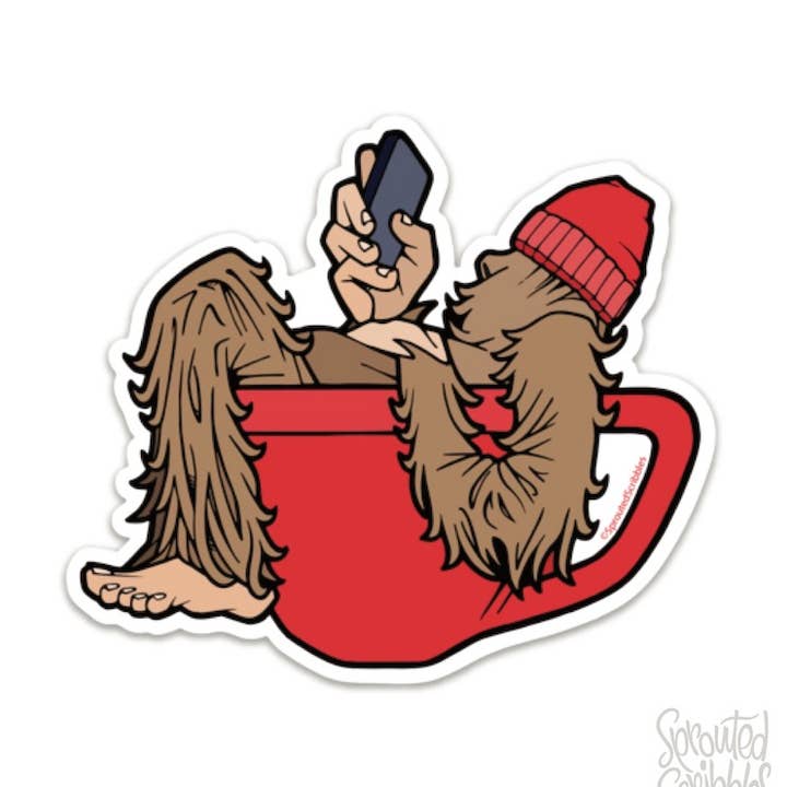 Cute Bigfoot Sticker Latte Coffee Cup Human Drawn Vinyl Decal for wholesale by Sprouted Scribbles