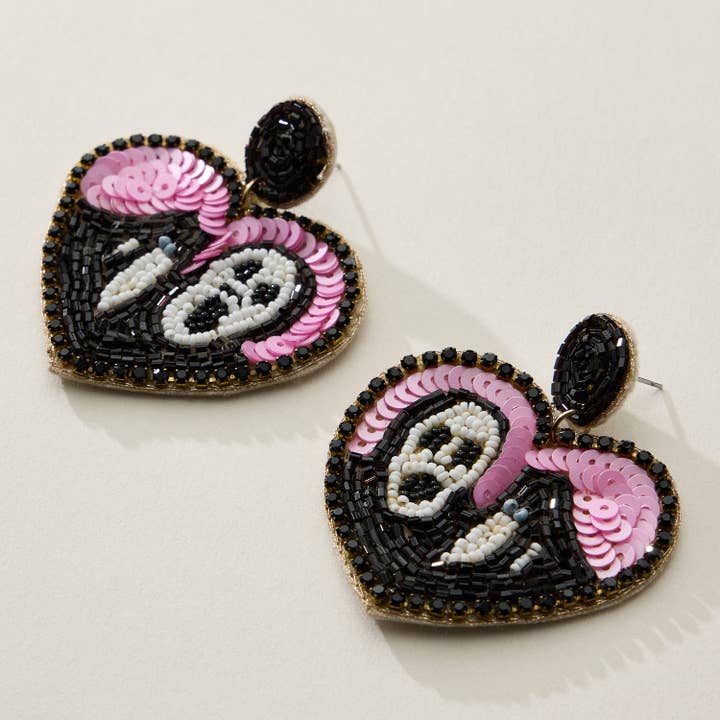 Heart Beaded Earrings with Grim Reaper Design for wholesale by Frem