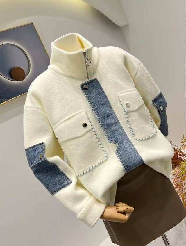 KY CREATION PARIS - Vente Manteau – femme - Veste effet laine avec détails en dénim0