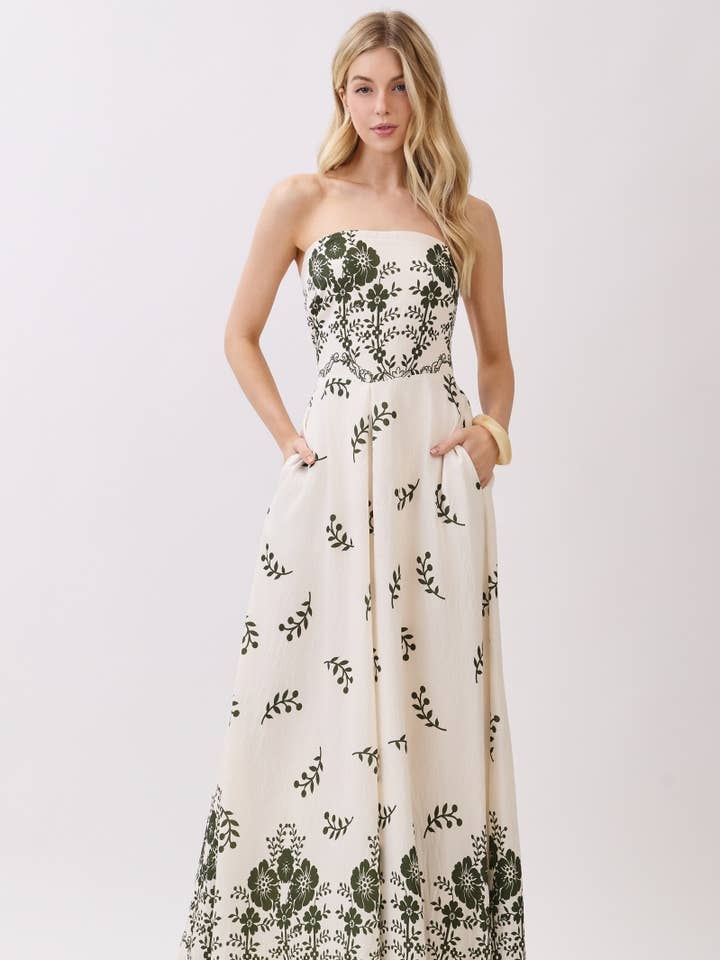 Boarder Print Tube Jump-Suit HR3269-OLIVE for wholesale by B I G H I T Fashion