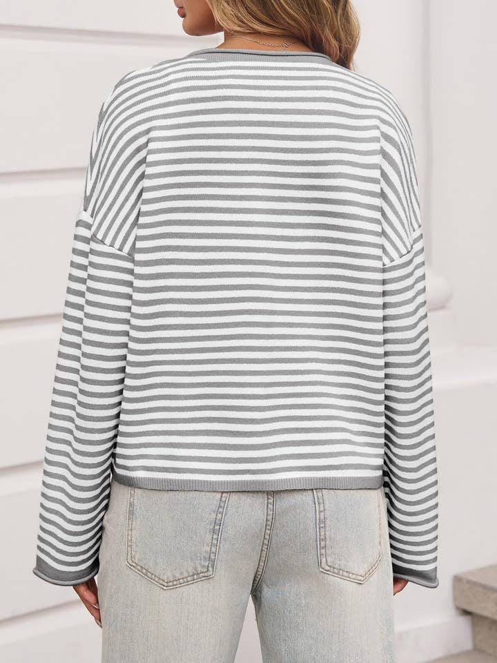 Suhkasana - Wholesale Cardigan - Women's - Striped Color Block Cardigan Sweater | Long Sleeve Casual Open Front16