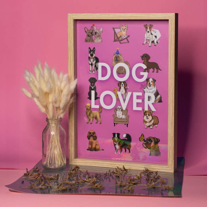 Affiche A4 HONDENLIEFHEBBER Roze voor wholesale door LOLLYPOPARTSTUDIO