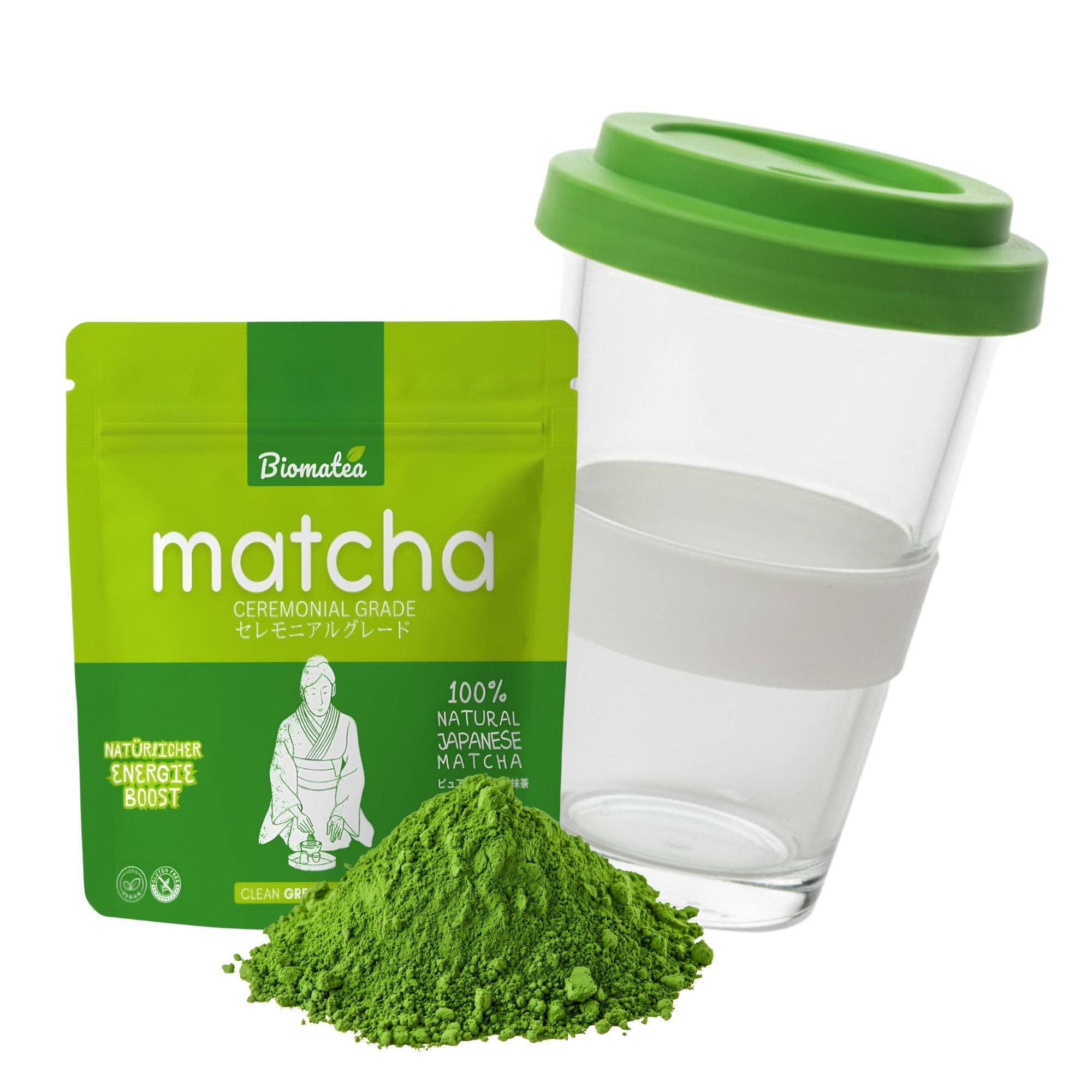Biomatea - Wholesale Health/Detox Tea - Swiss made Matcha 2 go glass cup with 50g ceremonial Matcha powder from Kagoshima, Japan1