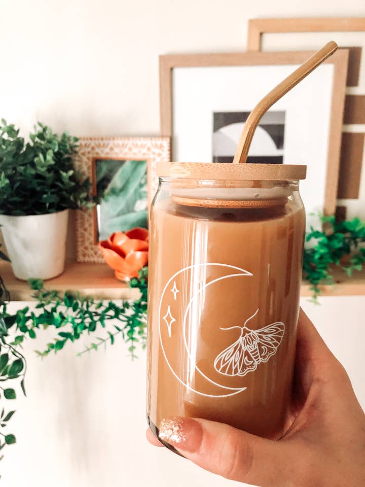 Moth & Moon Etched (No Vinyl) Beer Can Glass for wholesale by Abelina Shop