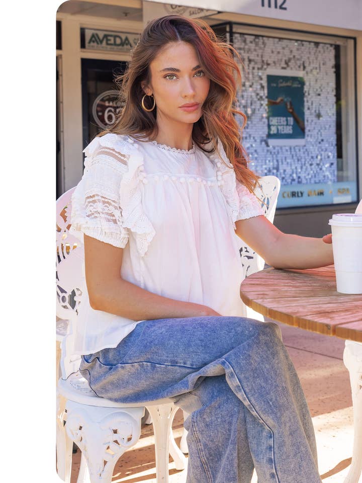 Pom-Pom Trim Detail Embroidered Lace Blouse for wholesale by Strut & Bolt