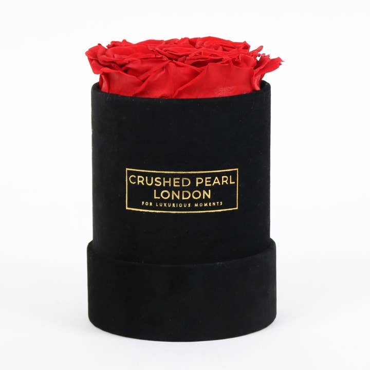 Red Forever Roses - Small Black Suede Hatbox for wholesale by Crushed Pearl