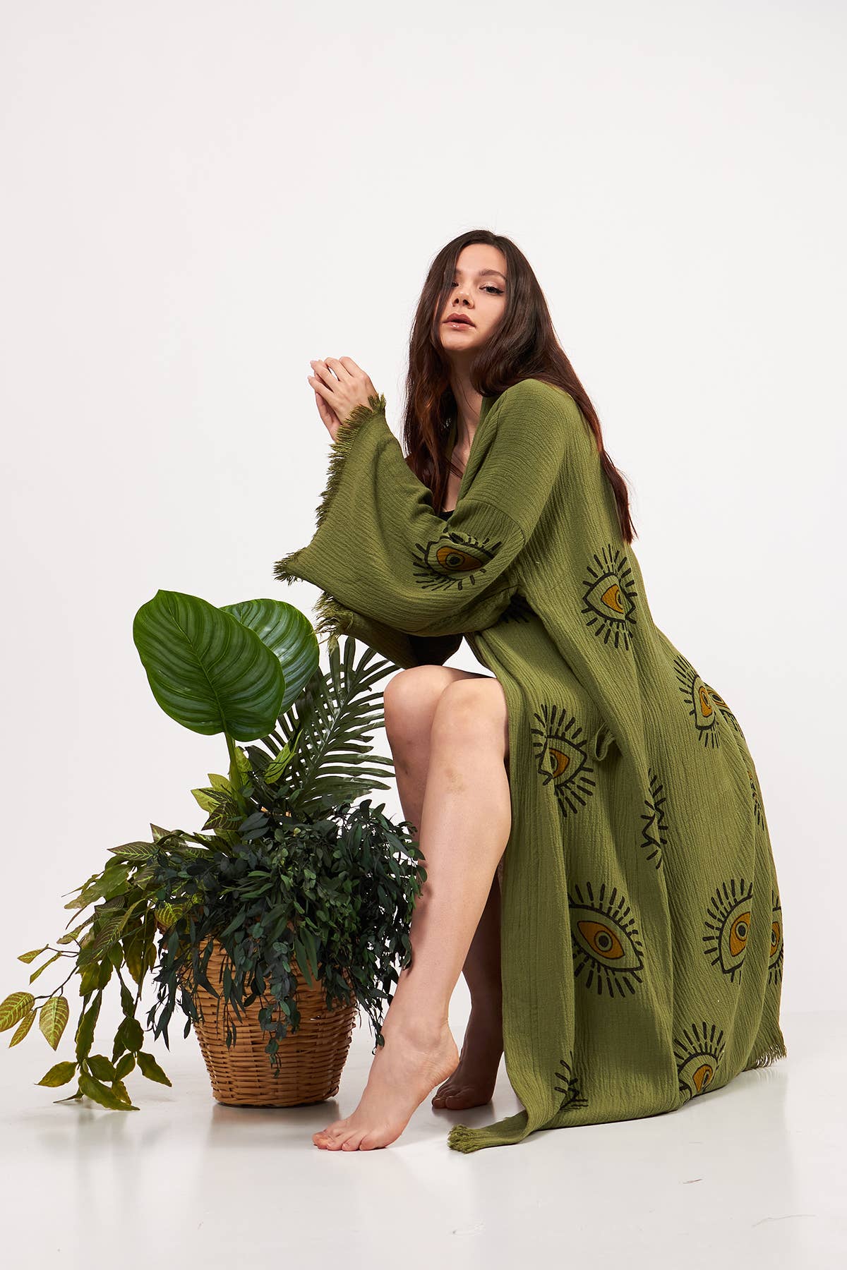 Yaz Concepts - Wholesale Kimono - Women's - Turkish Evil Eye Print Olive Green Robe Festival Kimono 3