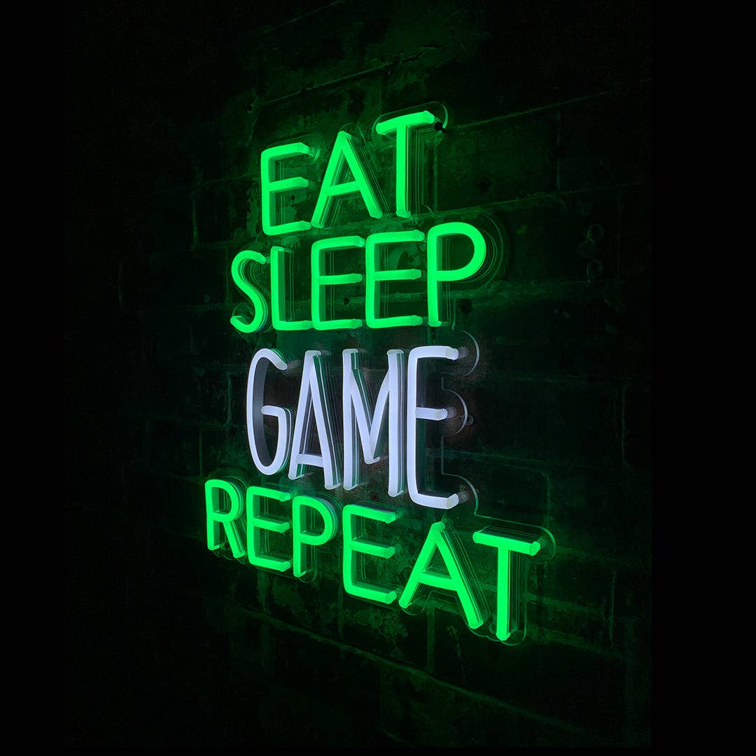 Eat Sleep Game Repeat' Green & White Neon LED Wall  Sign for wholesale on Faire0