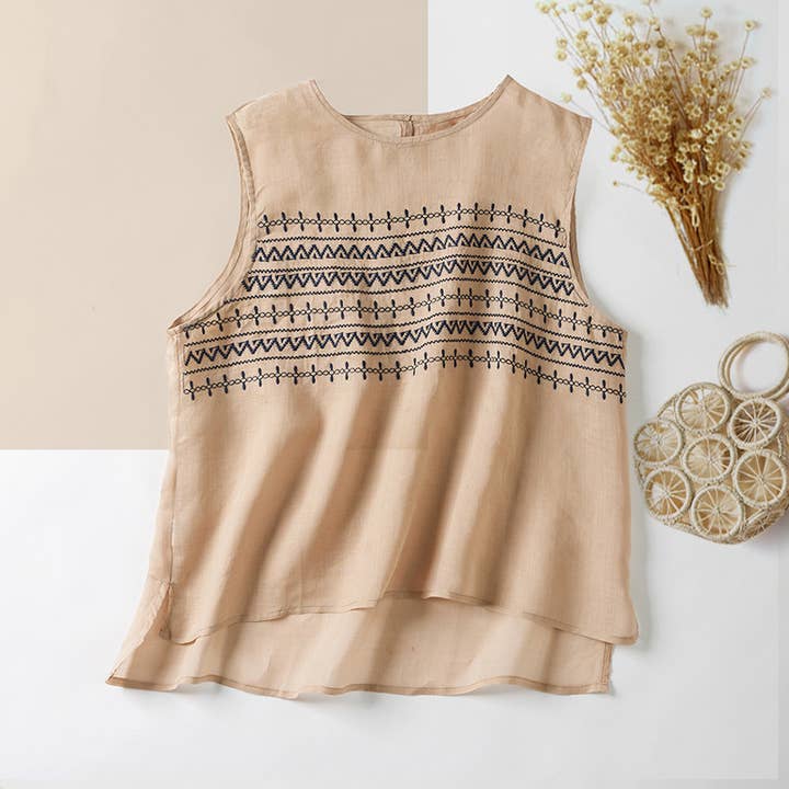 Hope & Sunshine - Wholesale Blouse - Women's - Embroidered Ramie Sleeveless Top