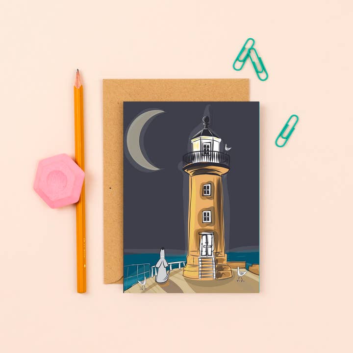 Whitby Lighthouse Greetings Card for wholesale by Sarah Westwood