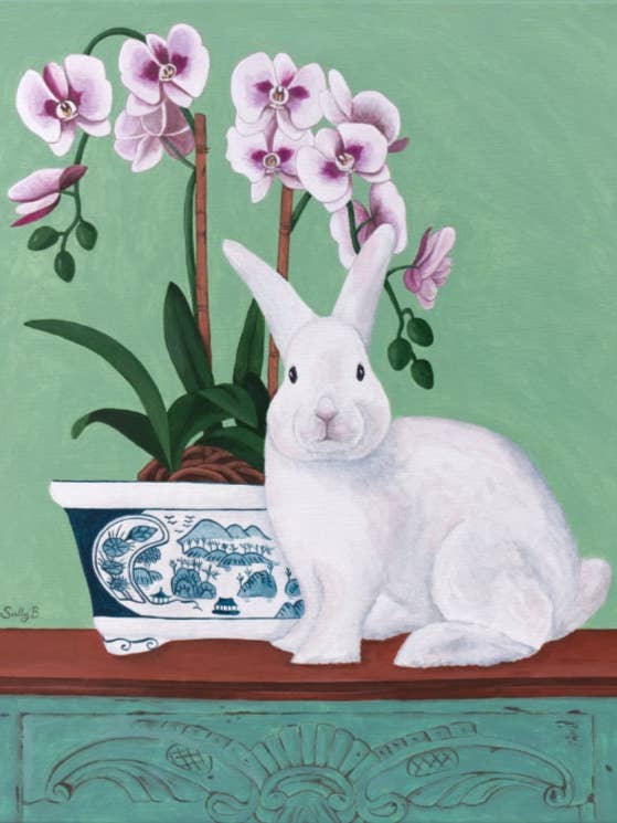 Reproduction d'art lapin avec vase chinoiserie et orchidée pour la vente par Sally B