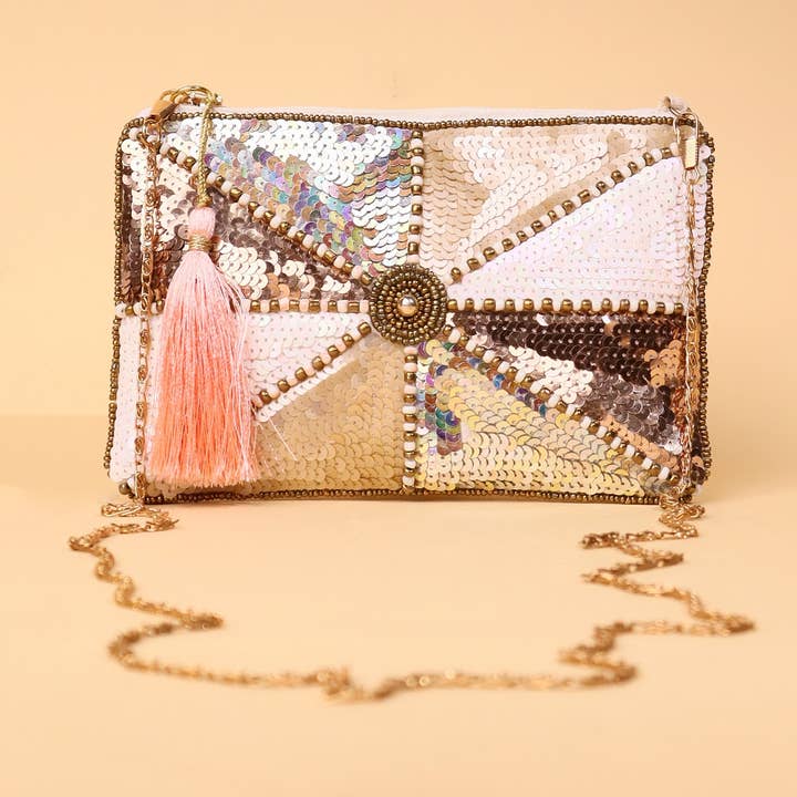 Handmade Golden White Cotton & Beads Sequin Clutch Bag for wholesale on Faire