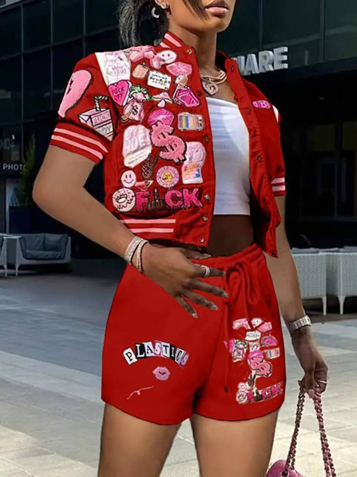 Flarix - Wholesale Top & Short Set (NOT Loungewear) - Women's - letter graphic pattern baseball top shorts set16