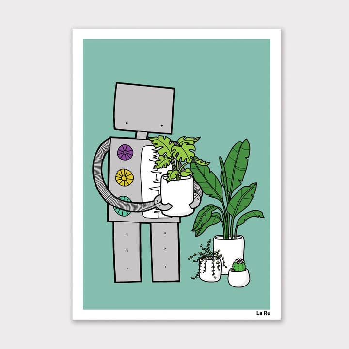 Robot Loves Plants Print for wholesale by La Ru