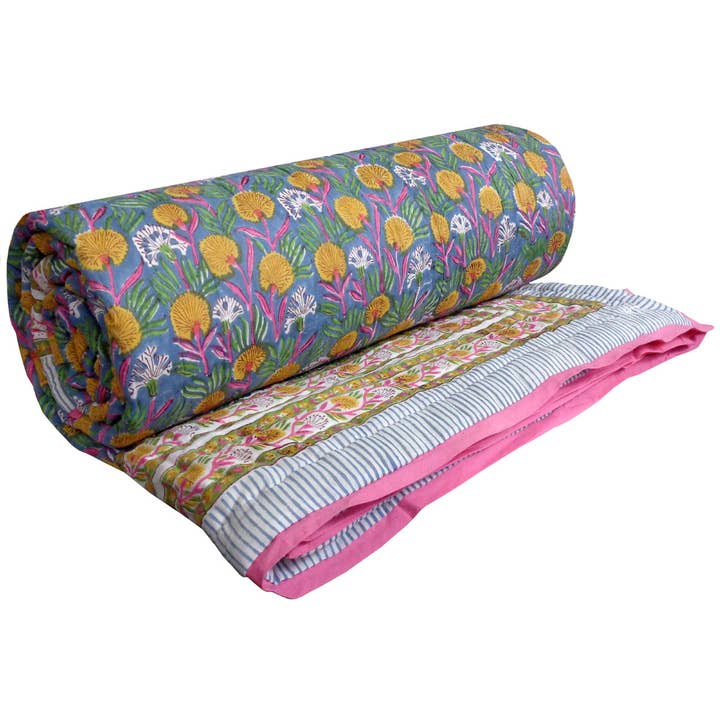 Ayras World - Wholesale Quilt - Dandelion Hand Quilted Reversible Block Print Quilt4