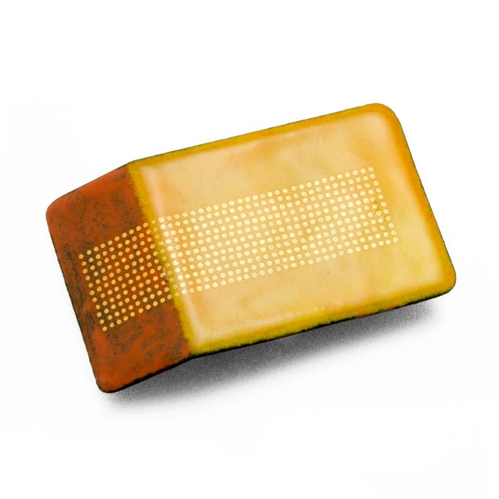 Gold Glyph Rectangle Brooch ~ Red Yellow Dot for wholesale by Jenne Rayburn