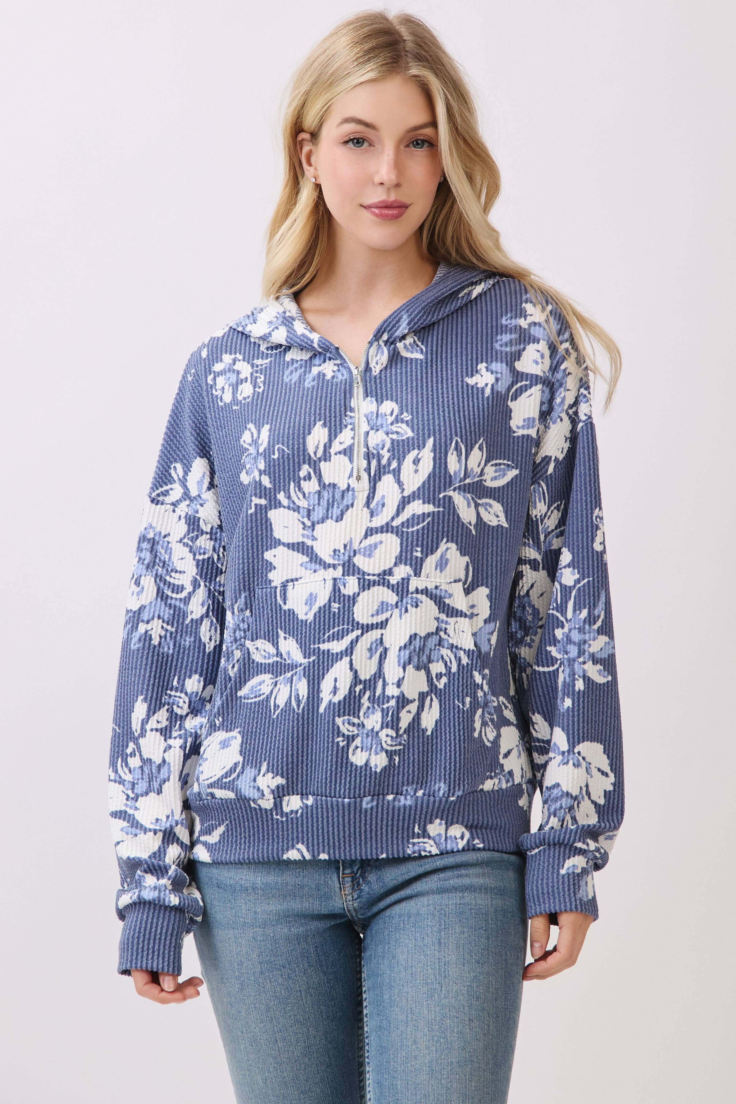 bleu TL2099 Sweat à Capuche en Maille Côtelée à Imprimé Floral en vente sur Faire2