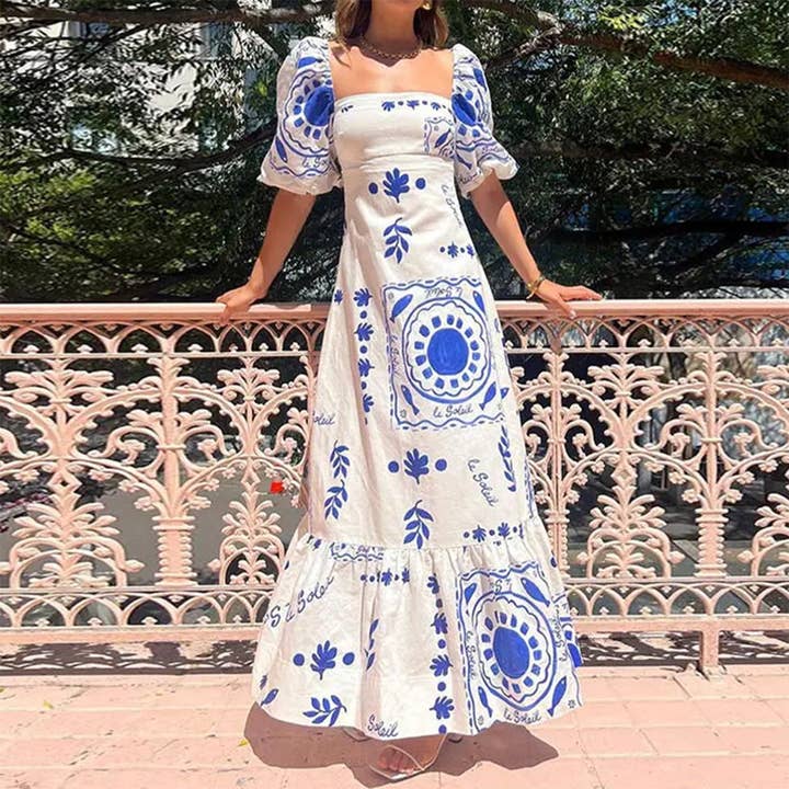 UNISHE - Wholesale Dress – Women's - Summer Printed Lantern Sleeve A-Line Flared Dress ZK31051