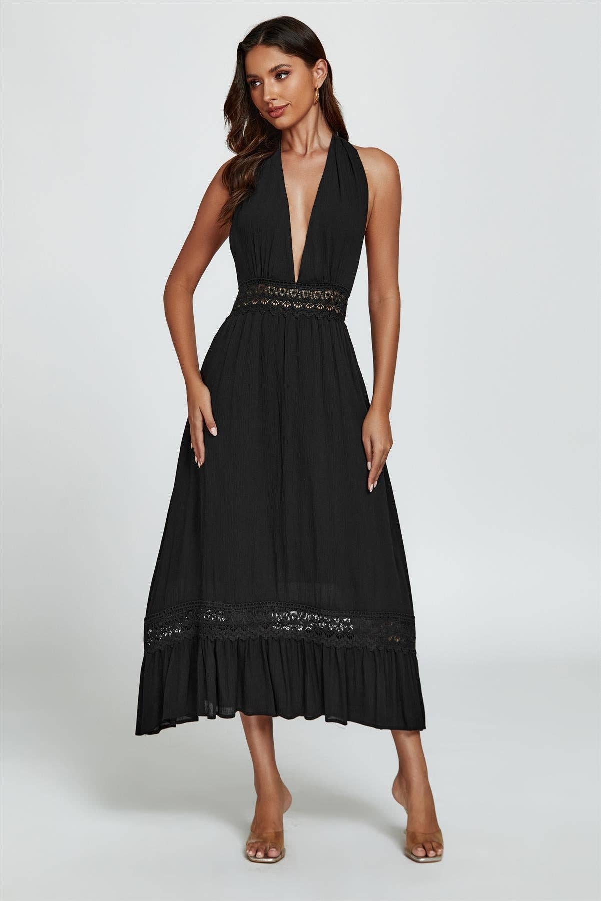 Lace Detail Adjustable Deep V Neckline Maxi Dress In Black for wholesale on Faire1