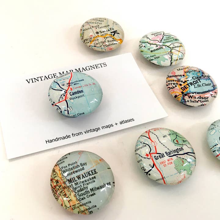 Vintage Map Magnet - 1.25" Round for wholesale by Tanner Glass